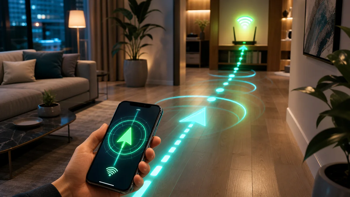 A phone acting as a WiFi signal compass pointing to the strongest spot