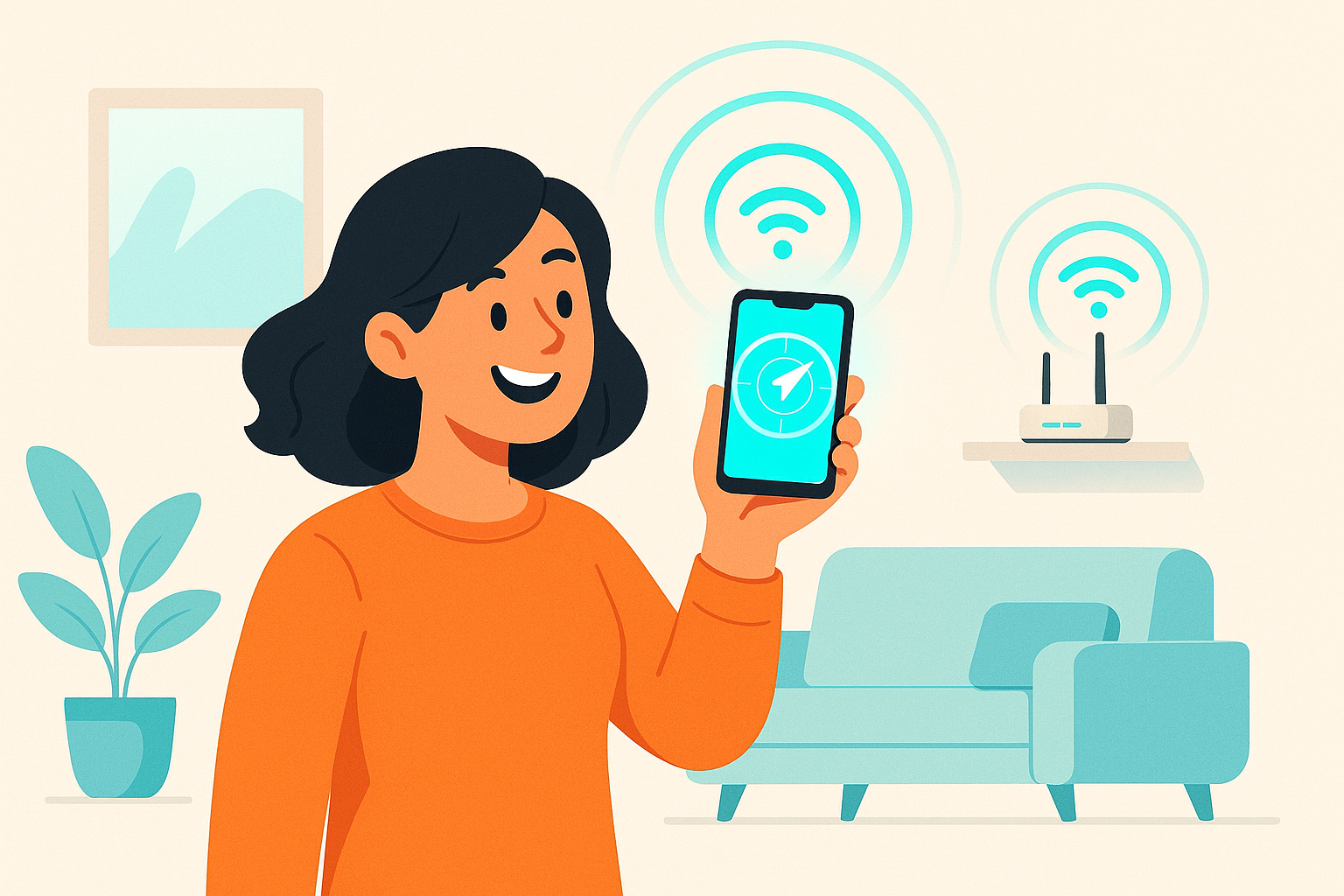 A person using WiFi Wavr to find the strongest WiFi signal at home